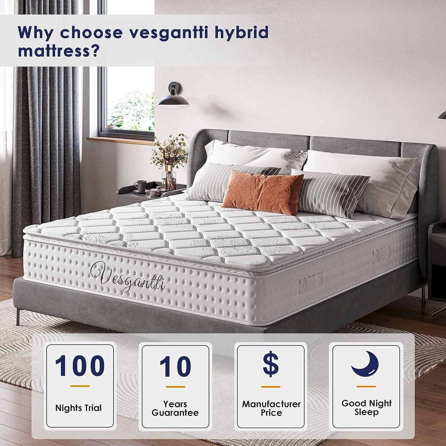 Vesgantti 10 Inch Multilayer Hybrid Queen Mattress - Multiple Sizes  Styles Available, Ergonomic Design with Memory Foam and Pocket Spring/Medium Plush Feel